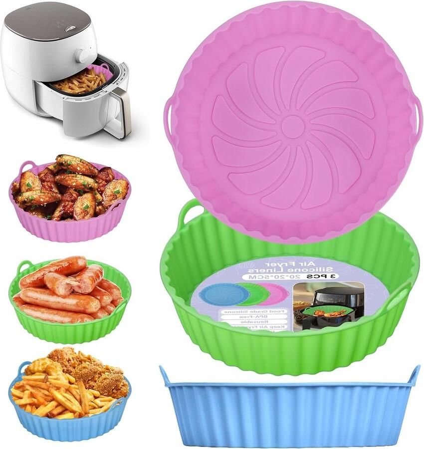 Airfryer Siliconen Pot Mand Liners Veilig Koken Herbruikbaar & Vaatwasserbestendig 20x20x5CM 3 Kleuren Set