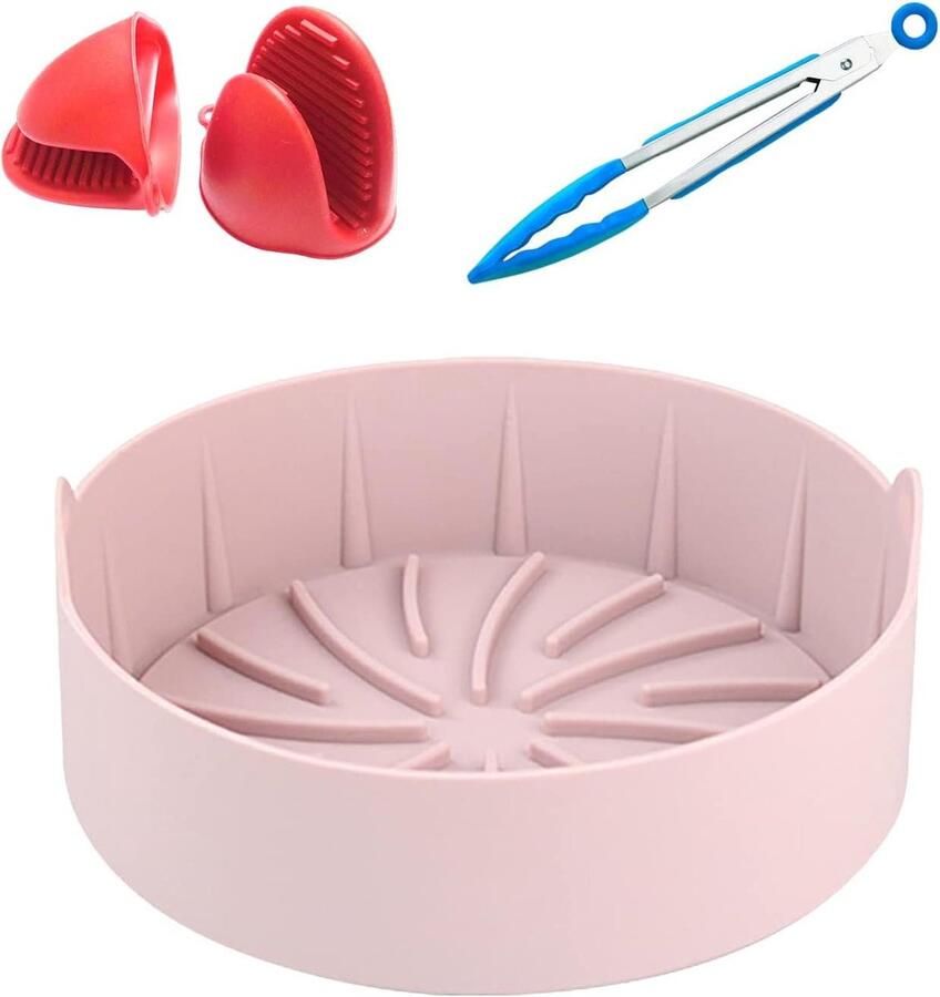 Airfryer Siliconen Pot Ronde Bakvorm Gezond Koken Inclusief Handschoenen 22 cm Roze