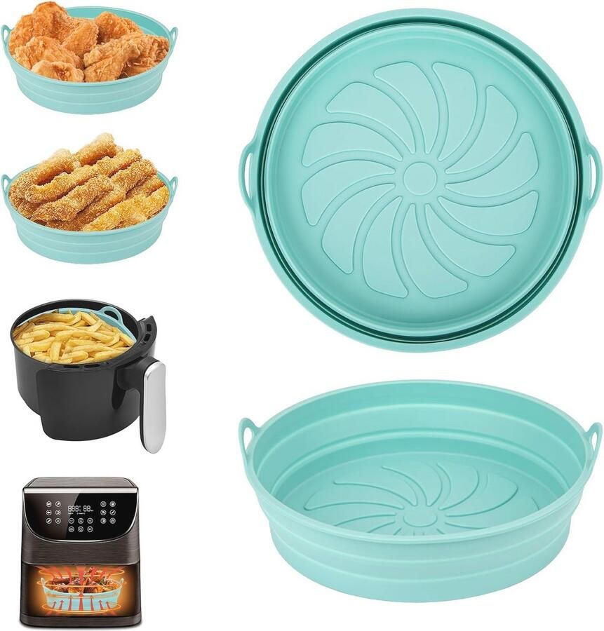 Airfryer Siliconen Potten Herbruikbare Panliners en Opvouwbare Tray Rack Accessoires voor Airfryers Magnetron en Oven (Blauw)