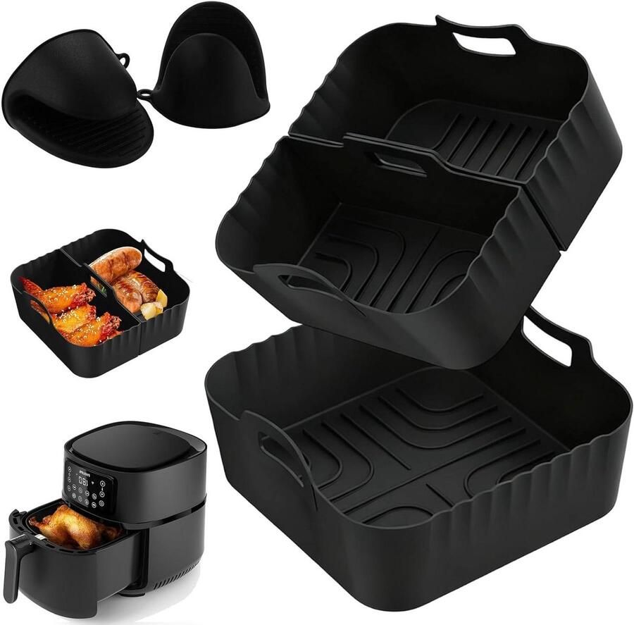 Airfryer Siliconen Vorm Heteluchtfriteuse Bakvorm Koken en Bakken Inclusief Ovenwanten 3 Stuks 6.2L Zwart
