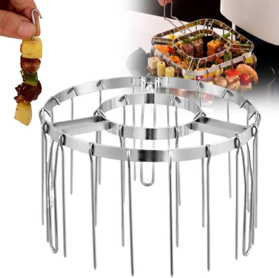 Airfryer Spiesenrek Grill RVS Verticaal Grillen Uniform 360 graden koken 24 Spiesjes Zilverkleurig