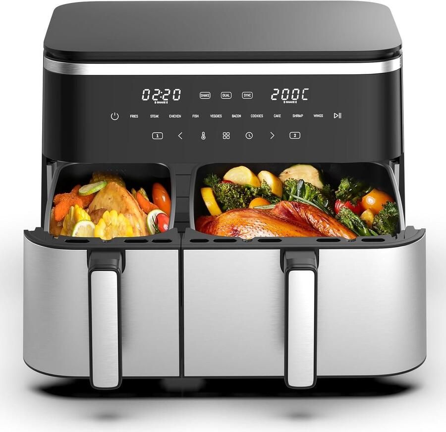 Hot Air Fryer Double Chamber 11 L Air Fryer XXL Air Fryer with 2 Baskets 7L 4L Main Course and Side Dish at the same time 2600 W 10 Programs Touch Screen Shake Reminder
