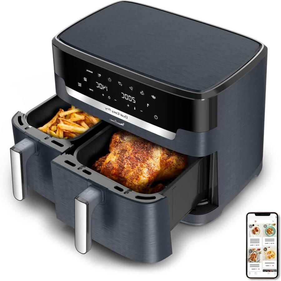Airfryer Dubbele Mand Heteluchtfriteuse Frituurpan Grote Maaltijden Bereiden Synchroon Koken 11 Liter Zwart