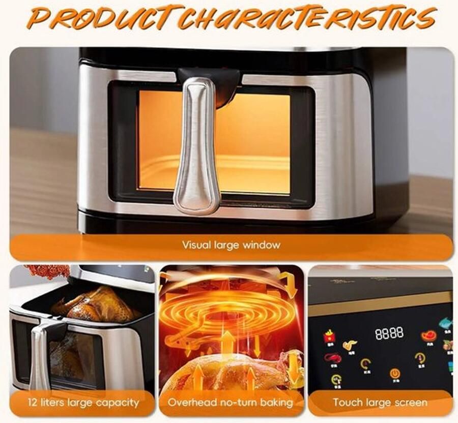Airfryer XXL – Heteluchtfriteuse – 2400W 2800W – 12L RVS & Touchscreen – Multifunctionele Elektrische Friteuse Olievrij Frituren Zwart