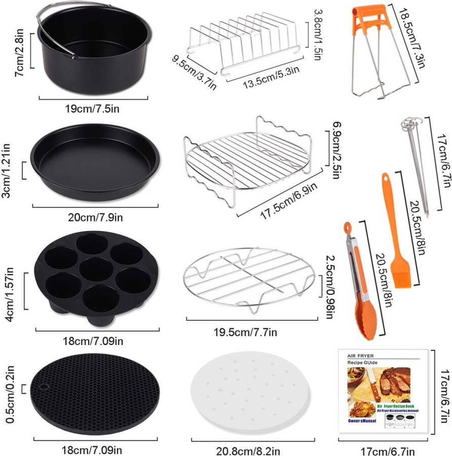 Airfryeraccessoires 12 stuks accessoires voor een airfryer met 20 cm taartvorm pizzabakplaat toastrek voor bakken koken barbecueën en frietjes bereiden taartvorm voor 3 6 l en meer voor Phillips Princess of Tristar met kookboek (mogelijk ni