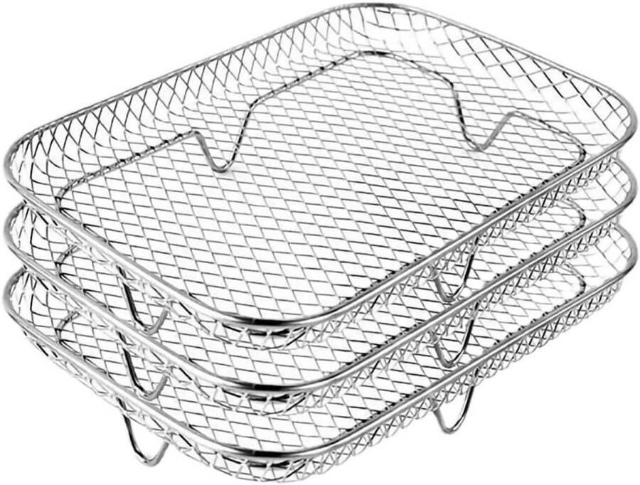 Airfryer rek-Airfryermand-stapelbaar roestvrijstalen airfryermandje-3-laags koelrekken voor oven-rechthoekige- Airfryer-accessoires (19 cm L x 13 5 cm H x 9 4 cm H)-3-pack