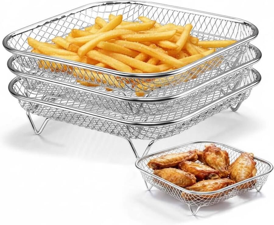Airfryerrekken Roestvrijstalen airfryerrekken Afdruiprekken Stoomrekken Stapelbaar Accessoires voor airfryermandjes Frituurmandjes voor bakken ovens en vaatwassers 3-delig
