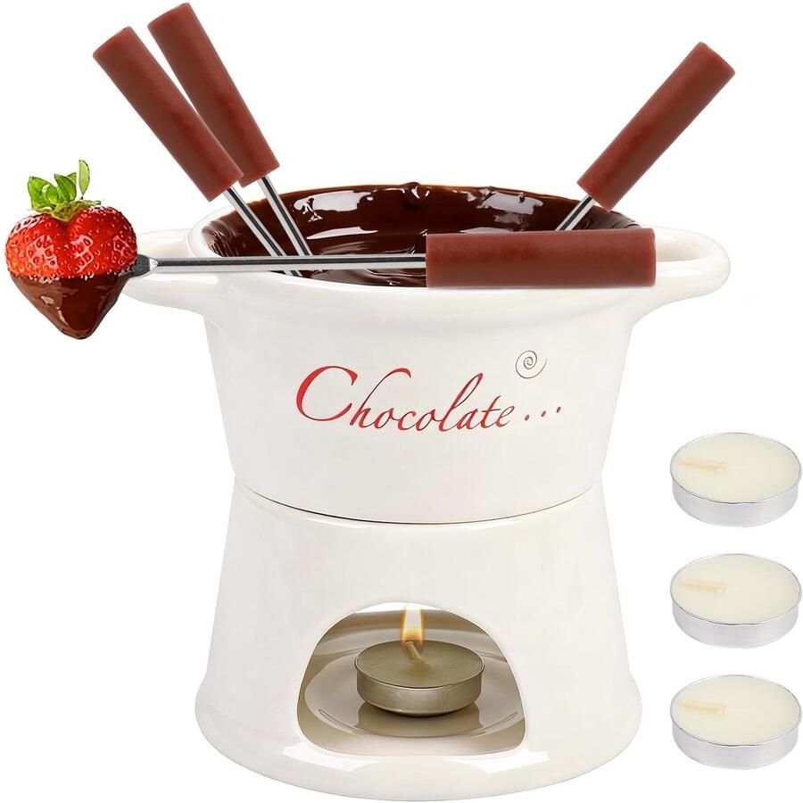 Aladdien Chocolade en Kaas Fondue Set 300 ml Keramisch Inclusief 4 Vorken en Teelichten Ideaal voor Feestjes Gezellig Fondue Avond Perfe