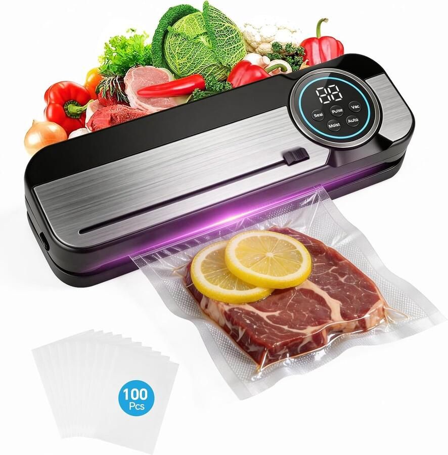All-in-1 Vacumeermachine incl. 100 BPA-vrije Zakken 120W Volautomatisch Vacuümapparaat voor Droge & Vochtige Voeding 75kPa Sealapparaat met Cutter voor Sous-Vide & Potten PWM