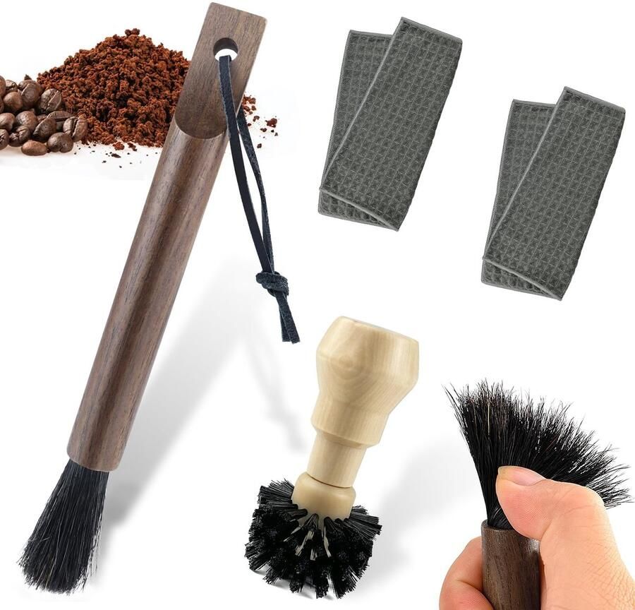 Allecto Barista Brushes Koffieborstels Houten Handvat Schoonmaakborstels Inclusief Schoonmaakdoekje Geschikt voor Koffiemachines Pack