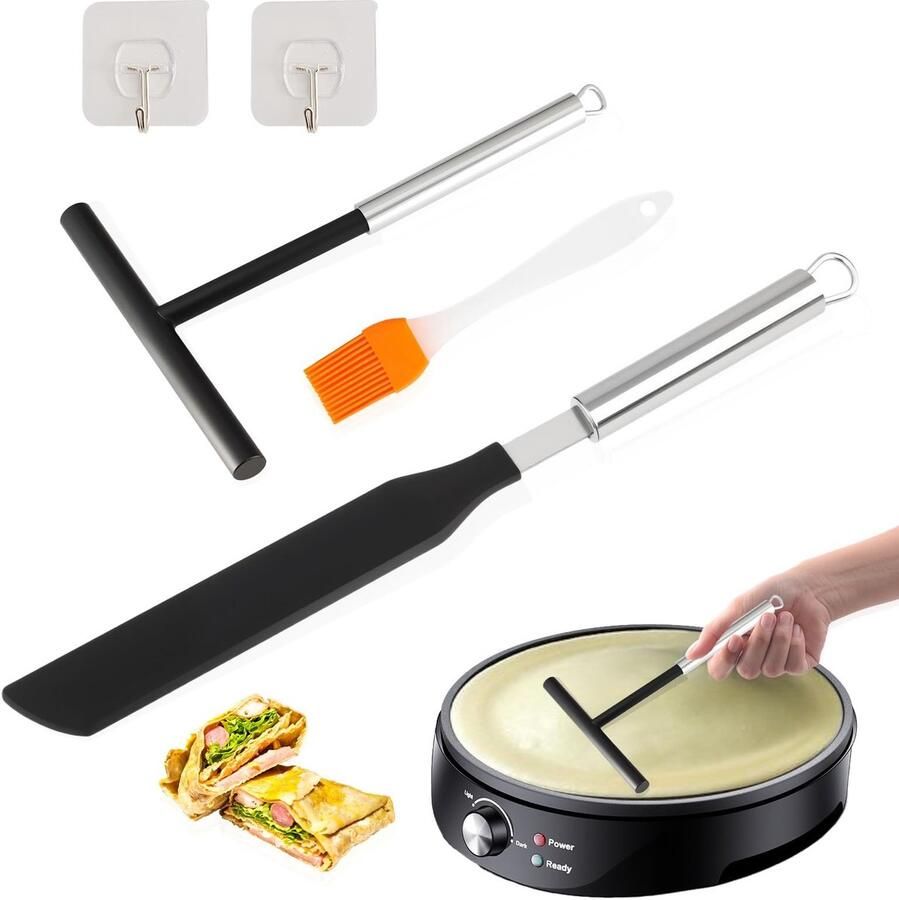 Allecto Crepe Rateau Pancakes T-vormige deegdispenser van roestvrij staal 19.5 cm Bakgereedschap met olieborstel Zelfklevende haak Ge