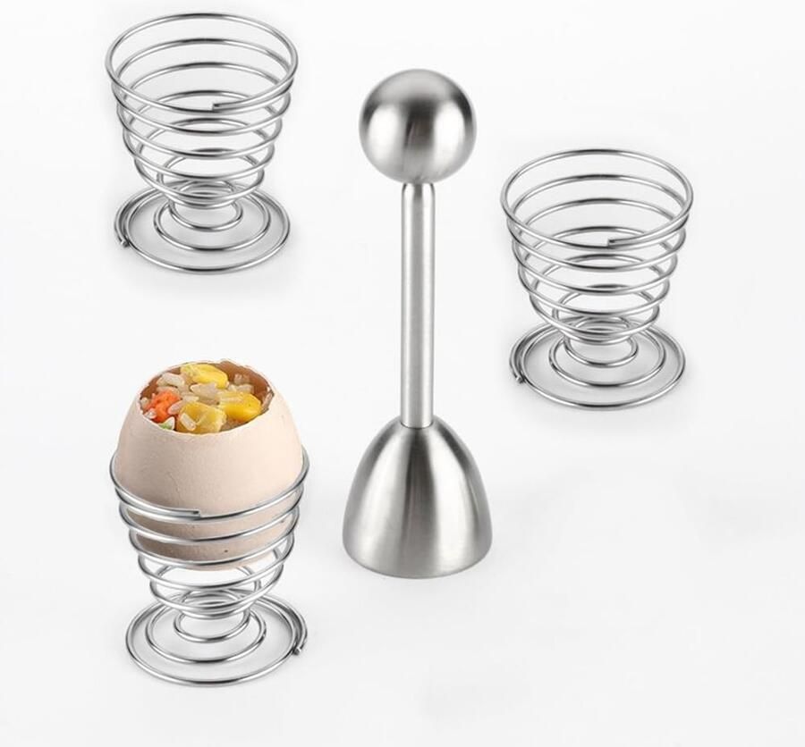 Allecto Eieren Set Eieren Scheiden Rvs Egg Cutter Zilver Eierenhouder Perfect voor Hardgekookte Eieren 4 Stuks