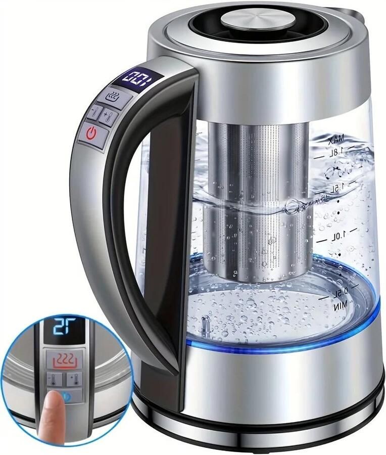 Allecto Elektrische glazen waterkoker Theekoker 1 8 liter 12 temperatuurstanden Thee-infuser 24 uur warmhoudfunctie Roestvrij staal Geschikt voor thee maken Zilverkleurig met temperatuurknoppen Thee en koffie zetter
