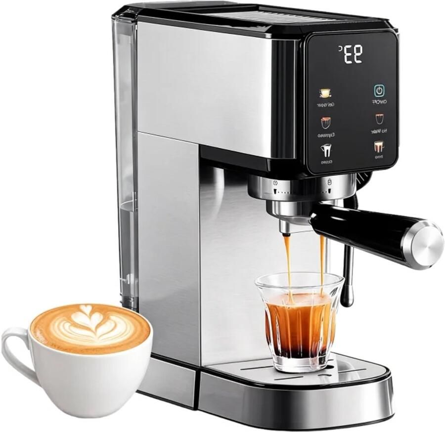 Allecto Espressomachine Touchscreen Roestvrij staal 20 bar 1450 W 1 liter Stoommondstuk Voorbrouwen Zwart Koffiezetapparaat met touchscreen en stoomfunctie in modern design Geschikt voor thuisgebruik Compact formaat