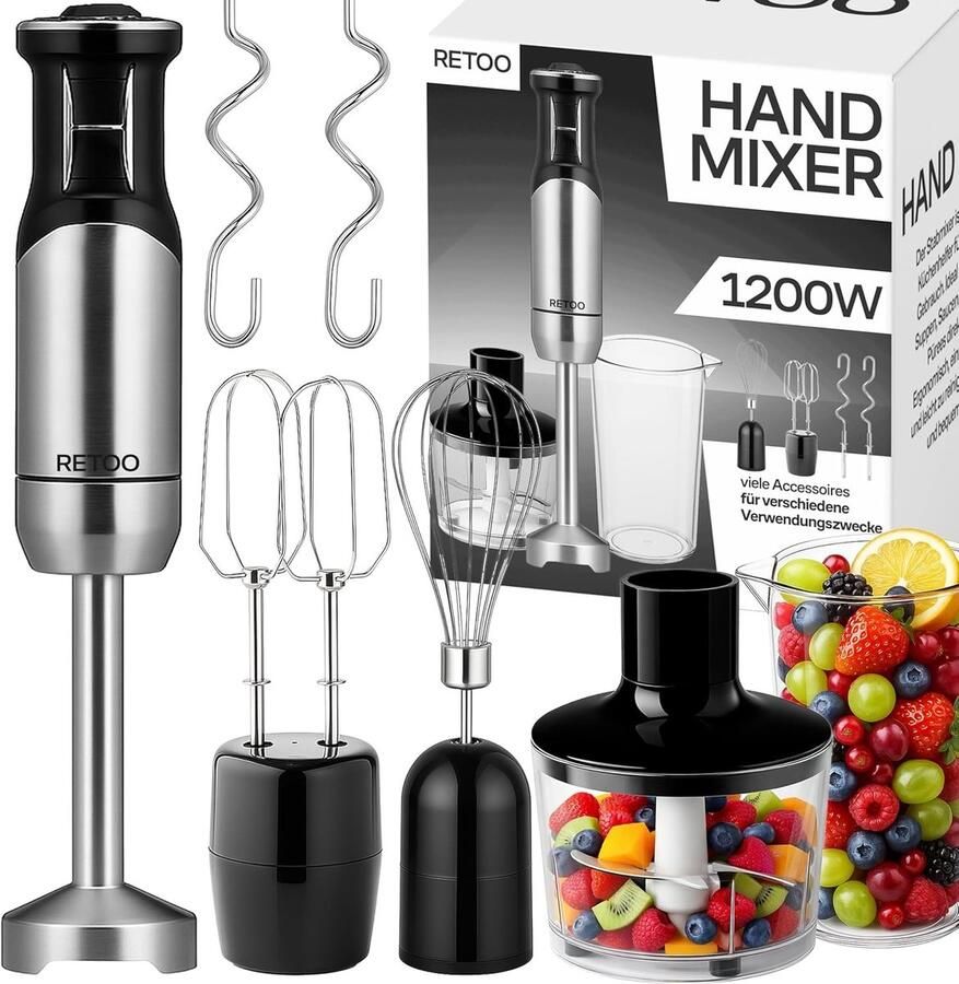Allecto Hand Blender Set Elektrische Mixer 1200W Vermogen Turbo Functie Splash Guard 8 Snelheden Multi-Functionele Purée Bar Geschi