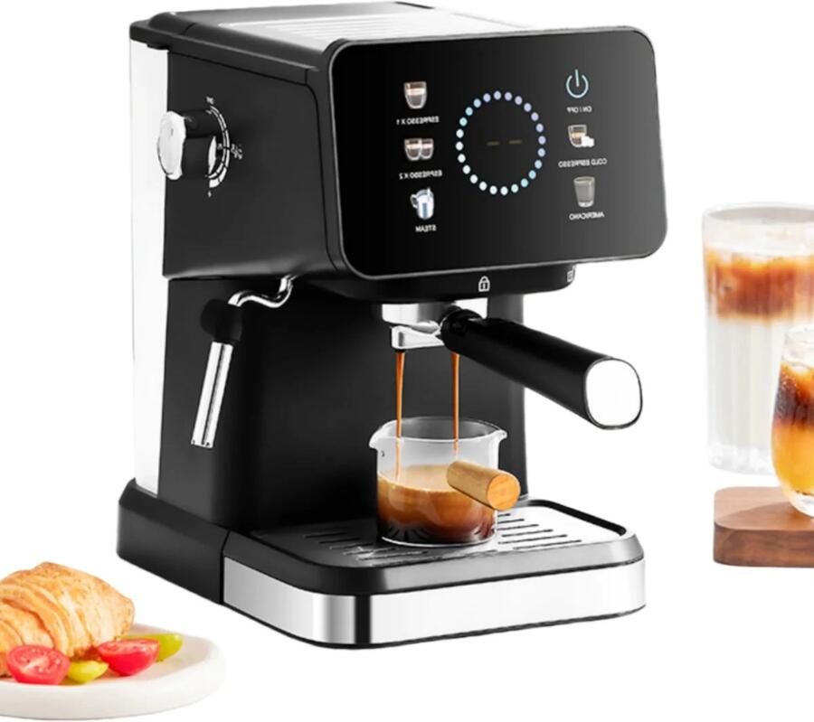 Allecto Koffiezetapparaat Espressomachine 20 Bar Touchscreen PID-temperatuurregeling 1 5 liter watertank Halfautomatisch Geschikt voor thuisgebruik Zwart Cappuccino Latte met garantie Krachtig 1050 W Groot waterreservoir