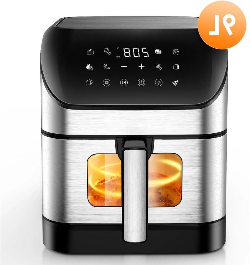 Allecto Luchtfriteuse 9 liter Grote luchtfriteuse 10 programma's Zwart Braden Bakken Uitdrogen Opwarmen Stil Antiaanbaklaag Geschikt voor thuisgebruik Zichtbare venster