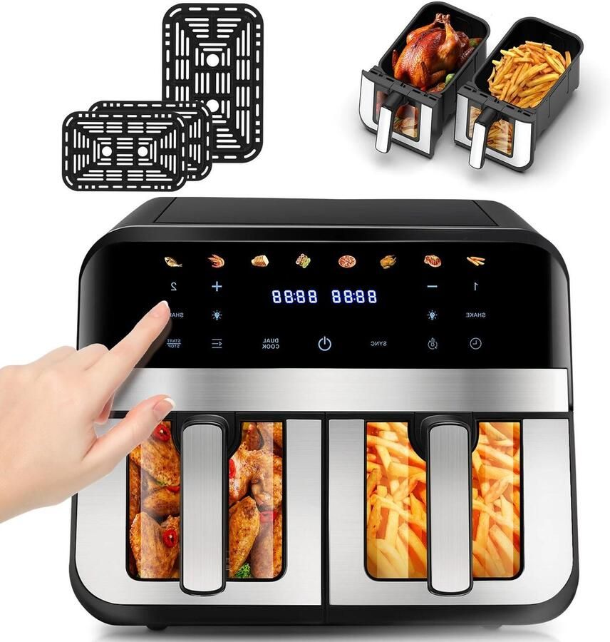 Allecto Luchtfriteuse Twee zones Dubbele deur Slim touchscreen 8-in-1 voorinstellingen Roestvrijstalen Anti-aanbak 10 liter 2400 W Zwart metaal Grote capaciteit Geschikt voor gezinsgebruik