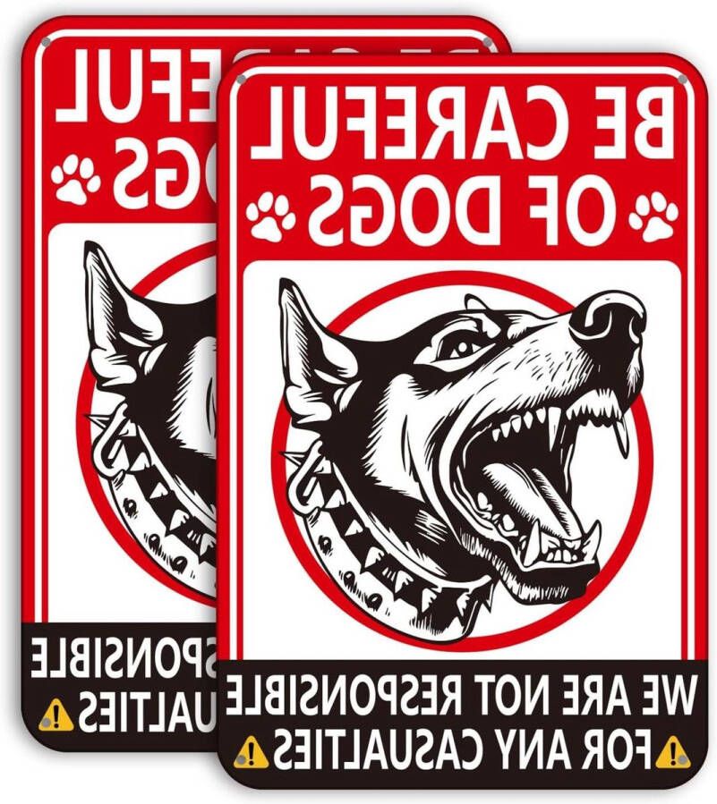 Allecto Plus 2 Waarschuwingsborden Be Careful of Dogs voor Hek 30x20cm Ijzer Waterdicht Tuin- en Erfdecoratie