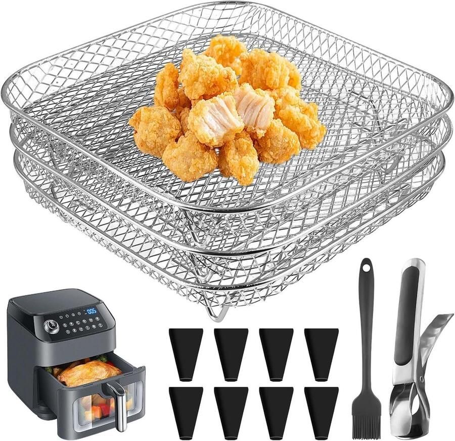 Allecto Plus 3-delige set luchtfriteuse-rek accessoires van roestvrij staal met siliconen voeten pincet en borstel Stapelbaar en vierkant Geschikt voor heteluchtfriteuse