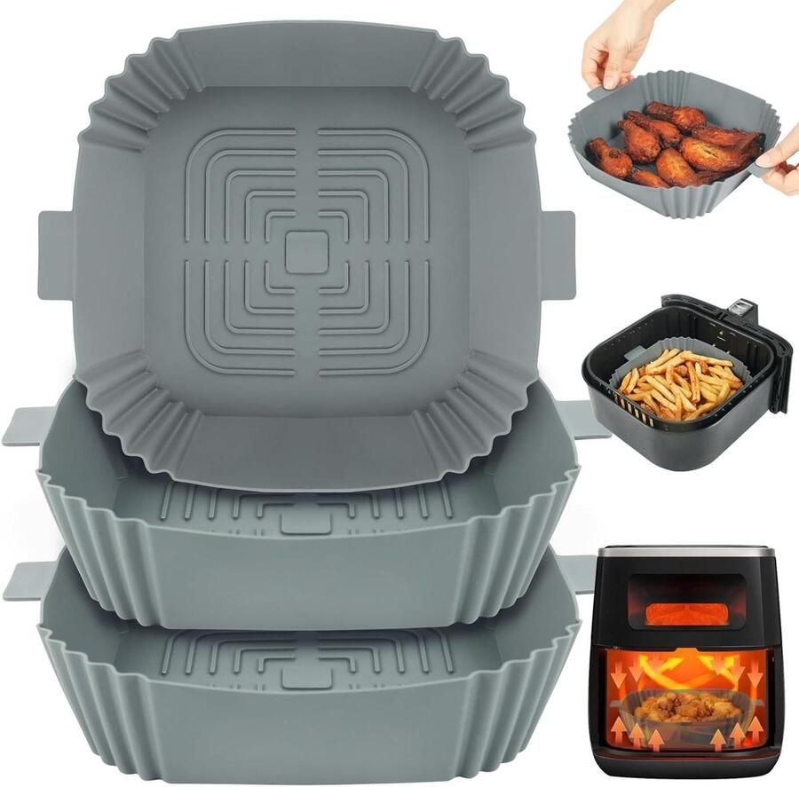 Allecto plus 3-pack siliconen luchtfriteuse voering luchtfriteuse siliconen mand lade vierkant airfryer accessoires grijs