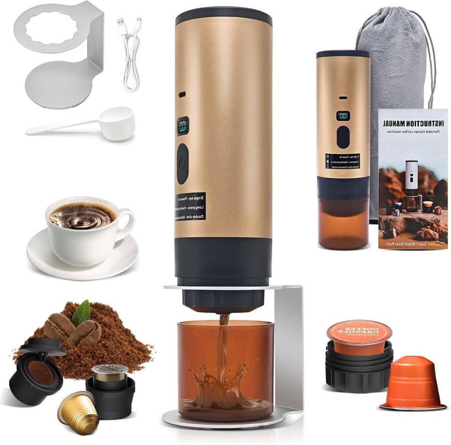 Allecto plus Draagbaar koffiezetapparaat reis draadloos zelfverwarmend 7800 mAh accu 15 bar druk NS DG gemalen koffie goudkleurig