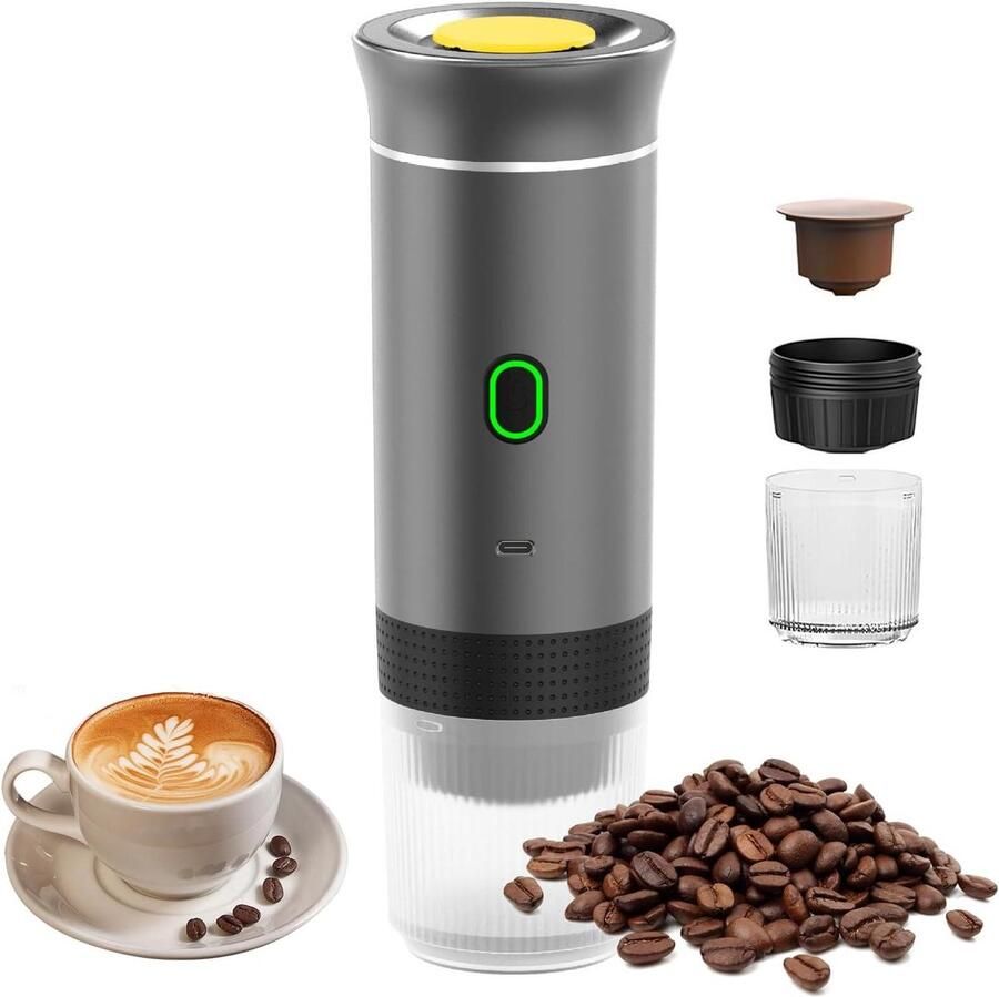 Allecto Plus Draagbare 3-in-1 espresso koffiezetapparaat voor op reis elektrisch zelfverwarmend camping & mini-koffiezetapparaat oplaadbaar 12V met USB-C geschikt voor gemalen koffie