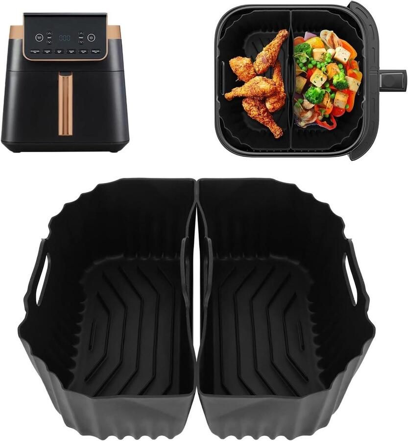 Allecto Plus Dual Zone Siliconen Bakvormen voor Heteluchtfriteuse Geschikt voor Ninja Airfryer Herbruikbare Frituurmand Accessoires 2 Kamers Compatibel met Airfryer Modellen 62L AF180EU 47L AF140EU Nieuw Ontwerp