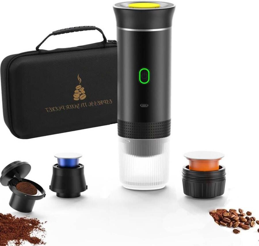 Allecto plus Elektrisch campingkoffiezetapparaat voor thuis en op reis Draagbare espressomachine 3-in-1 Capsule en poeder Met tas