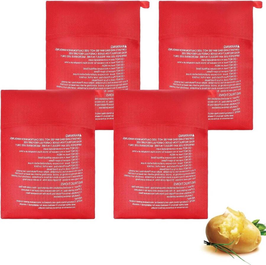Allecto Plus Herbruikbare Rode Aardappelmagnetronzakken Set van 4 Magnetron Aardappelkoker met Kooktas Handige Aardappelzak voor de Magnetron