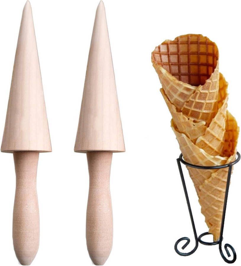 Allecto Plus Houten Kegelvorm voor Ijs en Wafels 2 Stuks Maak Zelfgemaakte Ijshoorntjes Geschikt voor het Maken van Wafels Bruin