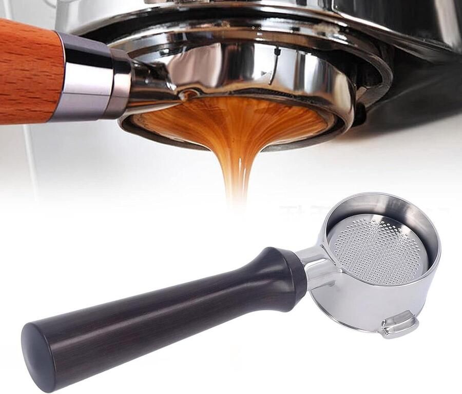 Allecto Plus Koffiezetapparaat Onderdelen: 51mm Filter Houder 2 Oren Ongemonteerde Handgreep RVS Geschikt voor Delonghi ECO310 F-type Afrikaans Zwart Hout