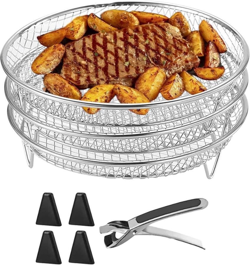 Allecto Plus Luchtfriteuse-Rekken 20 cm RVS Accessoires 3 Stuks Silicone Voetjes Pincet Oven Magnetron Stapelbaar