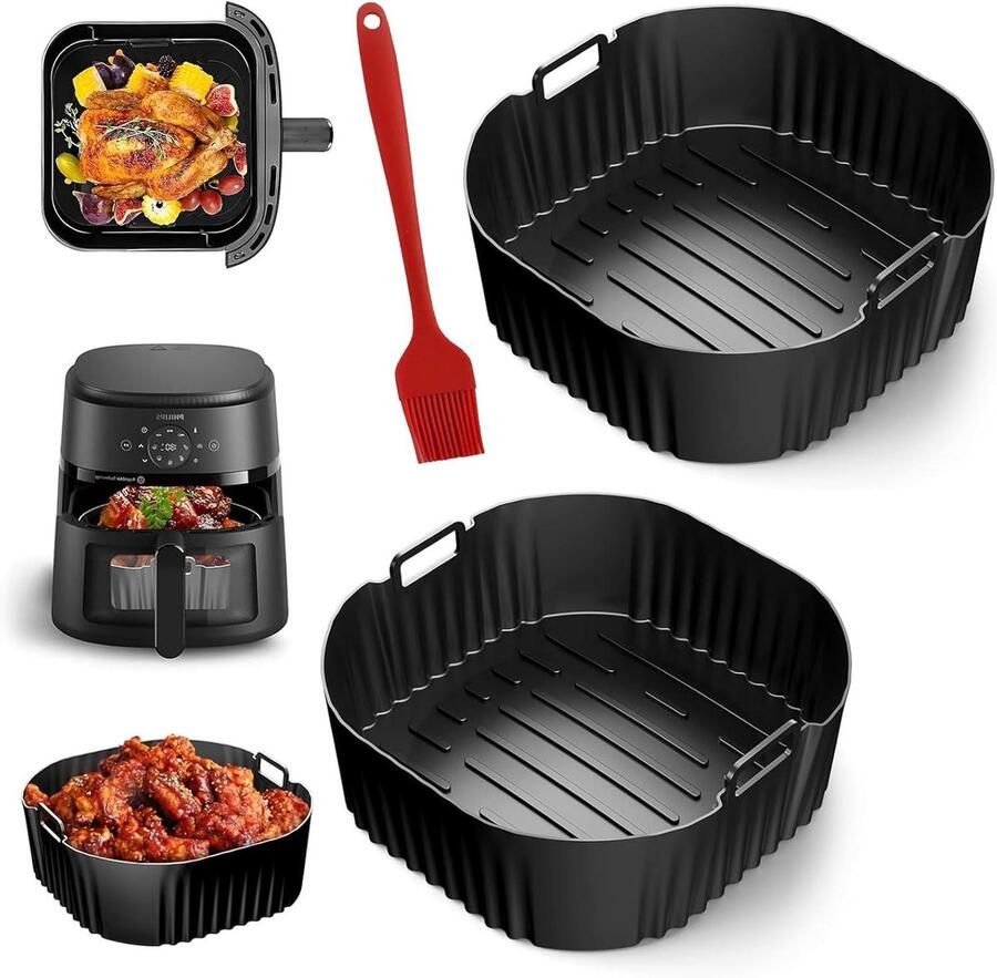 Allecto Plus Siliconenvorm voor Airfryer-accessoires 2 bakvormen en siliconenolieborstel Geschikt voor heteluchtfriteuse 7 2 l Vaatwasmachinebestendig