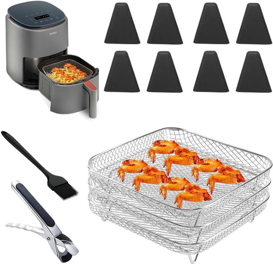 Allecto Plus Stapelbaar Rek voor Luchtfriteuse van Roestvrij Staal 3 Lagen 8 Siliconen Voetjes Pincet en Borstel Oven en Airfryer Accessoires Vierkant Design