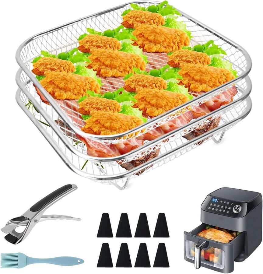 Allecto Plus Stapelbare airfryer manden en rooster van 20 cm Accessoires voor heteluchtfriteuses van 5 l 6 l en 6 2 l Gemaakt van 304 roestvrij staal