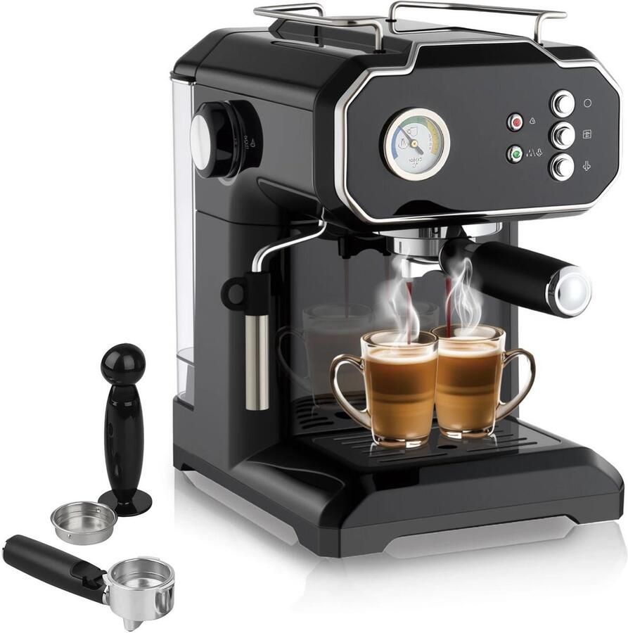 Allecto Retro Espressomachine Koffiezetapparaat 850 W Zeefdragermachine 1.5L Watertank 20 Bar Melkschuimer voor Cappuccino en Latte Macchiato Koffiemachine Geschikt voor Thuisgebruik Zwart Retro Design met Modern Comfort Bol.com