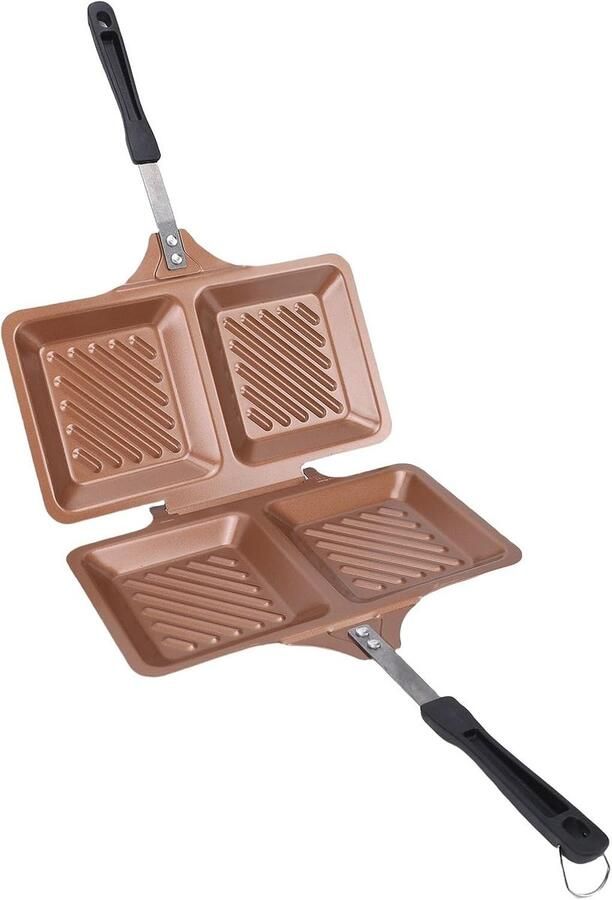 Allecto Sandwichperspan Dubbelzijdige Panini-maker Anti-aanbaklaag Vierkant ontwerp Ijzeren pan Ideaal voor thuiskeuken Goud model