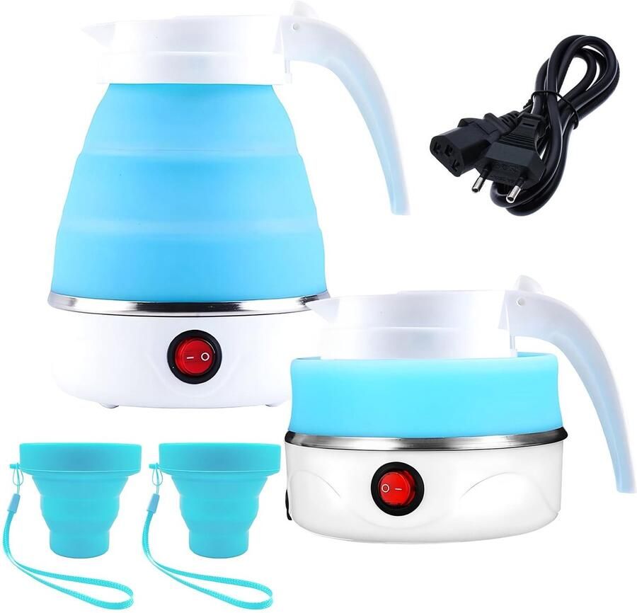 Allecto Vouwbare Waterkoker Camping Waterkoker Compact en lichtgewicht 0.6L Silicone Kettle Inclusief 2 opvouwbare bekers Geschikt vo