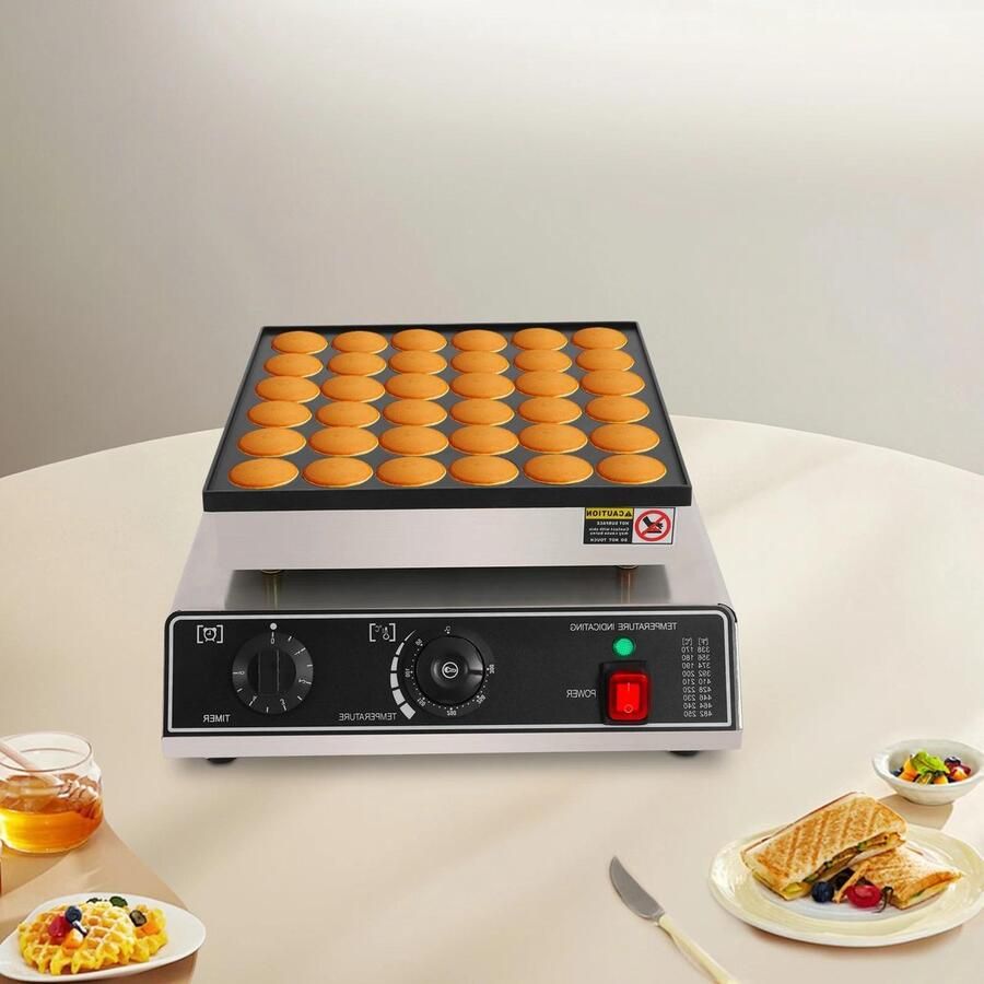 Allecto Wafelijzer Roestvrij staal 950W 36 gaten Instelbare temperatuur Mini wafelmaker Snackmachine Zilverkleurig Geschikt voor thuisgebruik Rond design met antiaanbaklaag