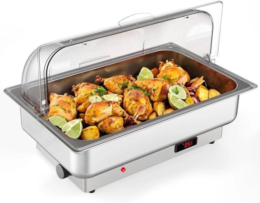 Allecto Warmhoud bak Elektrisch Groot formaat RVS Horeca Catering Roll Top Geschikt voor Buffetten Zilverkleurig 55L Elektrische Chafing Dish Roll Top RVS Warmhoudbak met Transparant Deksel voor Catering en Horeca
