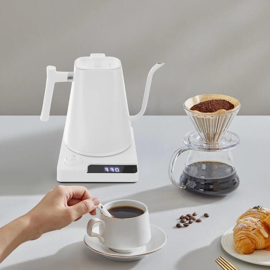 Allecto Waterkoker 1 liter LED-scherm Zwanenhals-theeketel Variabele temperatuurregeling LED-verlichting Geschikt voor thee Zwart met RVS afwerking