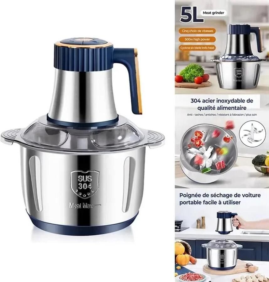 Allero Elektrische Hakmolen Elektrische Vleesmolen Gehaktmolen Groentesnijder Keukensnijder Roestvrijstaal Blauw 5L