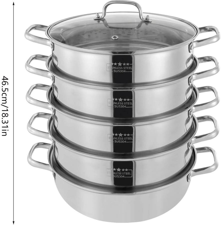 Allero Stoompan Stoomkokers 5-laags Stoomkoker 26 cm Roestvrijstaal Glazen Deksel Multi Cooker Stoommandje