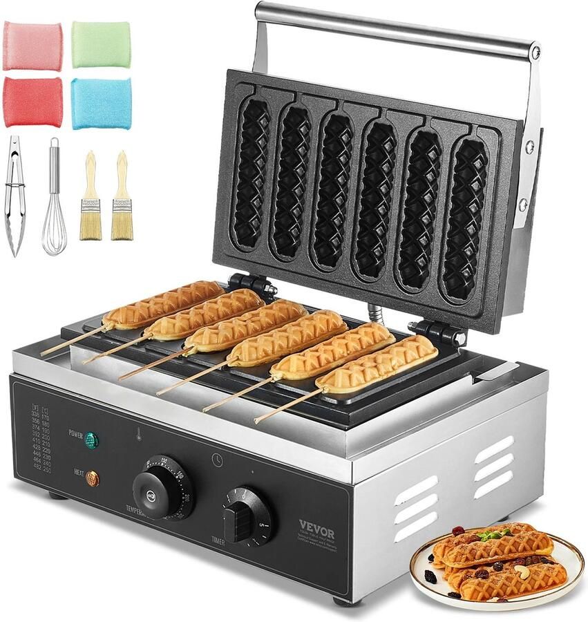 Allero Wafelijzer Wafelijzers Wafelstok 6 Stuks Wafelbakker Inclusief Accessoires 1000-1500W Wafelstokmaker Zilver