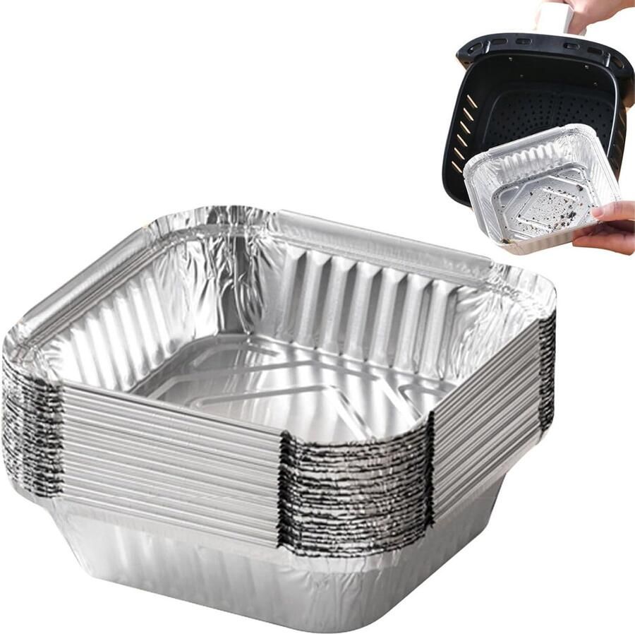 Aluminium Bakjes Voedselcontainers Airfryer Gebruik Afgeronde Randen 23x23x4 cm Zilverkleurig