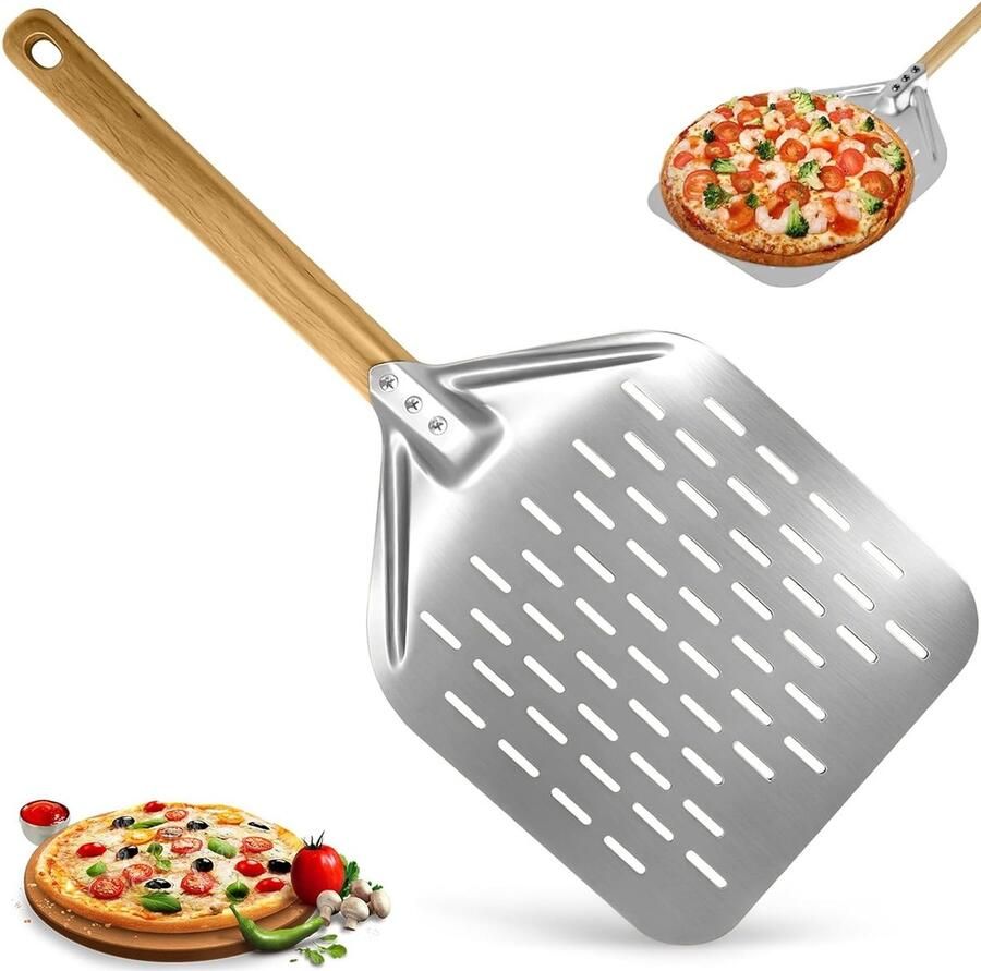 Aluminium geperforeerde pizzaschil 12 inch met lange houten handgreep ideaal voor pizza's brood en gebak inclusief praktische pizzapedel en bakaccessoires