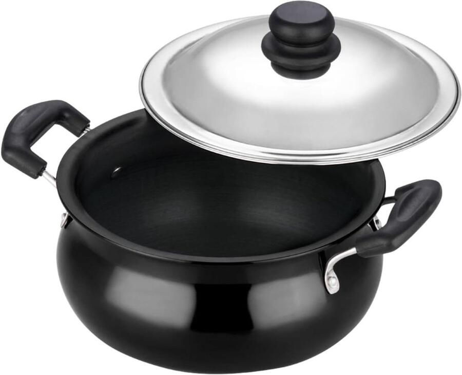 Aluminium Handi Kookpot Sauspan Biryani Pulao Koken Gelijkmatige Warmteverdeling 3.8 Liter Zwart
