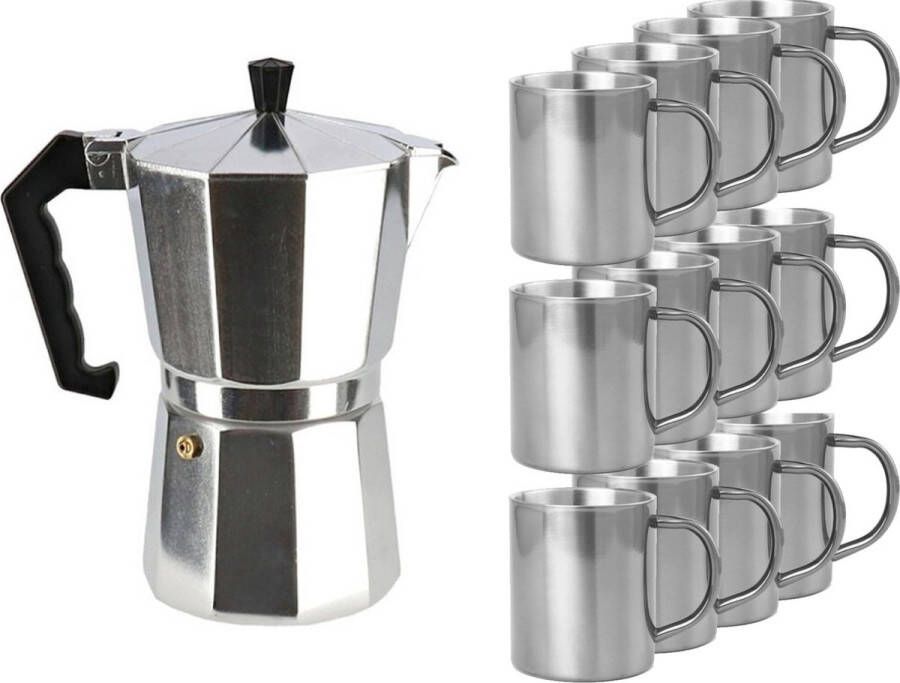 Aluminium moka koffiemaker met 12x RVS kopjes Koffiezetapparaat met mokken Italiaanse koffiezetter