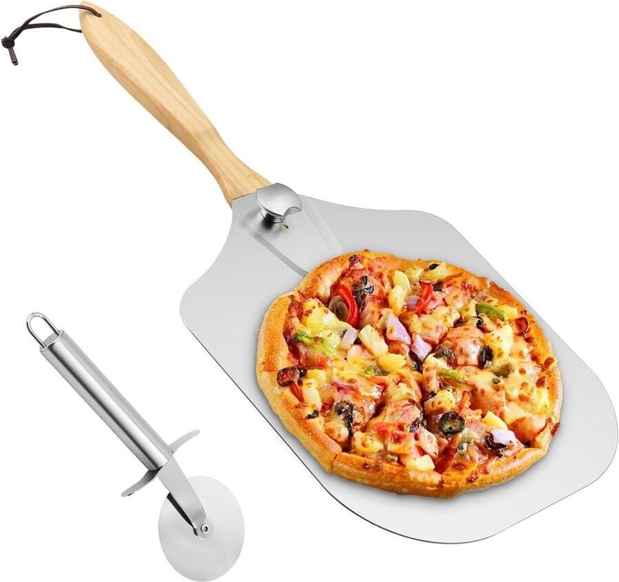 Aluminium Pizza Peel 30 x 35 cm met Opvouwbare Houten Handgreep Inclusief Snijwiel voor het Bakken van Pizza Brood en Deegwaren